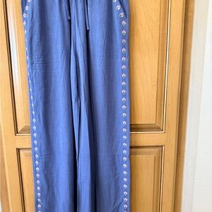 Umgee Blue Linen Pants with Cute Floral Embroidery